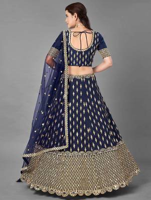 navy blue silk zari work lehenga set choli with dupatta 3