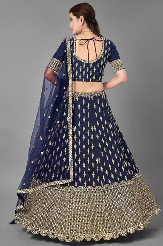 navy blue silk zari work lehenga set choli with dupatta