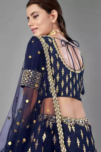navy blue silk zari work lehenga set choli with dupatta
