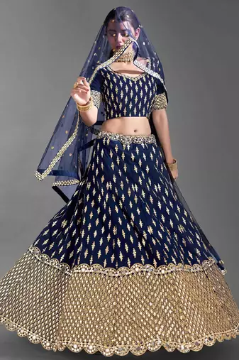 navy blue silk zari work lehenga set choli with dupatta
