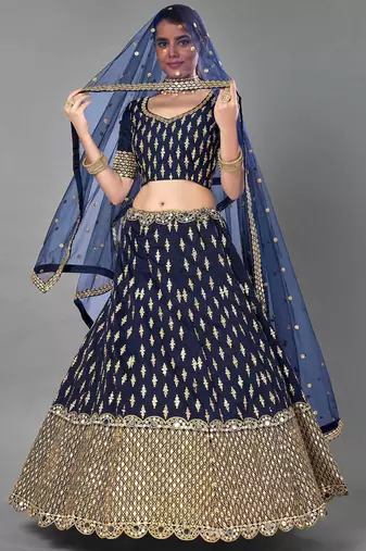 navy blue silk zari work lehenga set choli with dupatta