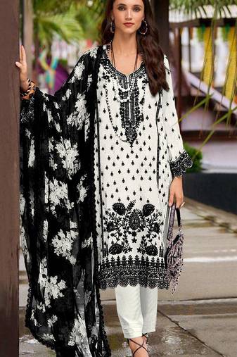 White embroidered georgette semi-stitched pakistani salwar suit