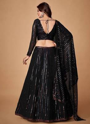 Black thread embroidery georgette Semi Stitched bridal lehenga 5