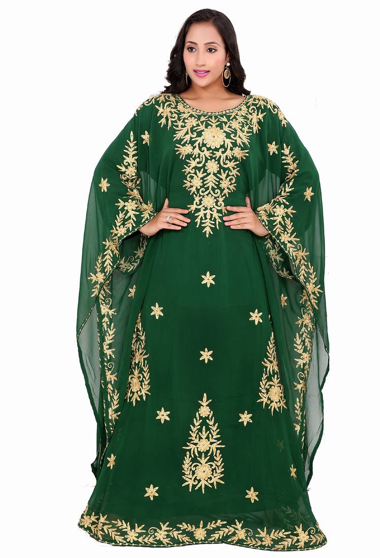 Elegant Green Designer Stitched Kaftan Gown with Embroidered  Aari Work