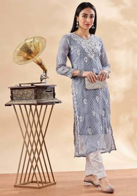 Women   s Grey Chikankari Embroidered Kurta | Elegant Ethnic Wear 1