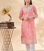 Floral embroidered cotton chikankari straight kurta