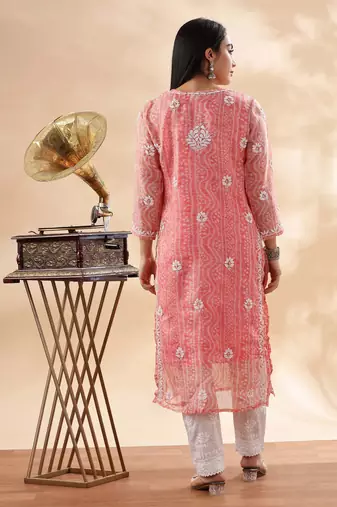 Floral embroidered cotton chikankari straight kurta
