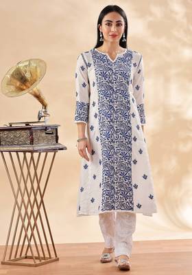Women paisley embroidered thread work lucknowi chikankari  kurta 1