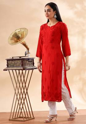 Classic Red Cotton Chikankari Kurta for Women Stylish Ethnic Outfit 1