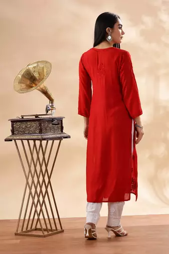 Classic Red Cotton Chikankari Kurta for Women Stylish Ethnic Outfit