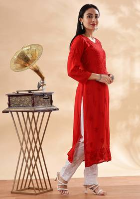 Classic Red Cotton Chikankari Kurta for Women Stylish Ethnic Outfit 3