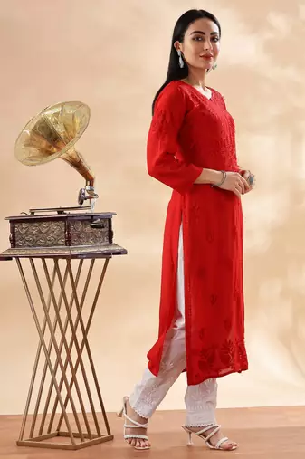 Classic Red Cotton Chikankari Kurta for Women Stylish Ethnic Outfit