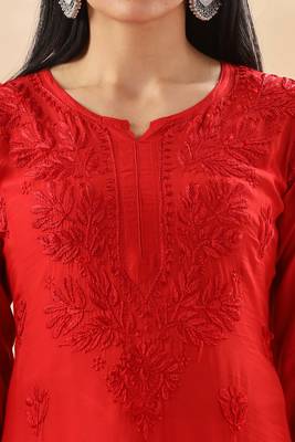 Classic Red Cotton Chikankari Kurta for Women Stylish Ethnic Outfit 4
