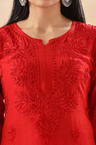 Classic Red Cotton Chikankari Kurta for Women Stylish Ethnic Outfit