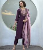 Women's Gorgeous Vatican Embroidery Straight Kurta with Pant And Dupatta Set