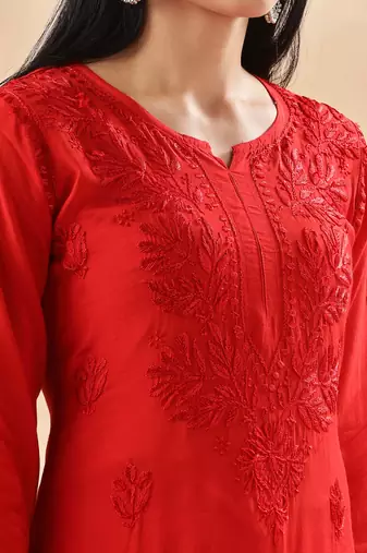 Classic Red Cotton Chikankari Kurta for Women Stylish Ethnic Outfit