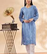 Floral embroidered chikankari straight pure cotton kurta