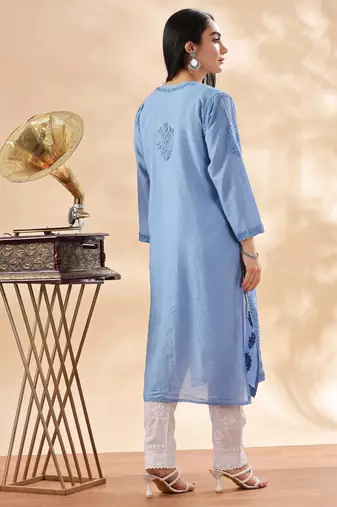 Floral embroidered chikankari straight pure cotton kurta