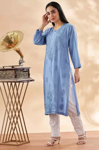 Floral embroidered chikankari straight pure cotton kurta