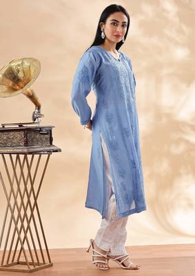 Floral embroidered chikankari straight pure cotton kurta 4