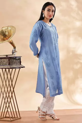 Floral embroidered chikankari straight pure cotton kurta