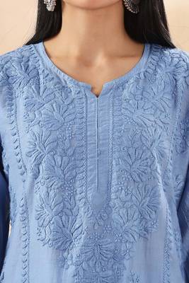 Floral embroidered chikankari straight pure cotton kurta 5