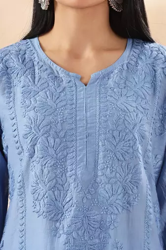 Floral embroidered chikankari straight pure cotton kurta