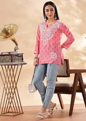 Floral embroidered chikankari pure cotton kurti 1