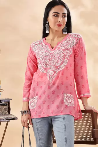 Floral embroidered chikankari pure cotton kurti