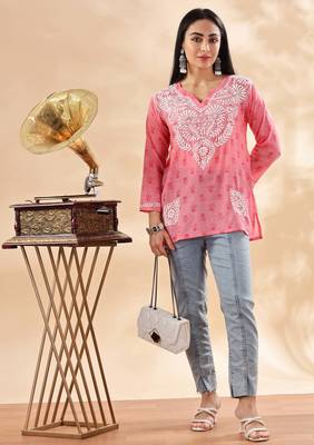 Floral embroidered chikankari pure cotton kurti 4