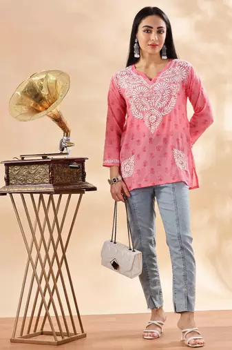 Floral embroidered chikankari pure cotton kurti