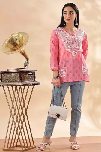 Floral embroidered chikankari pure cotton kurti