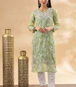 Women floral embroidered v-neck chikankari pure cotton handloom chikankari kurti