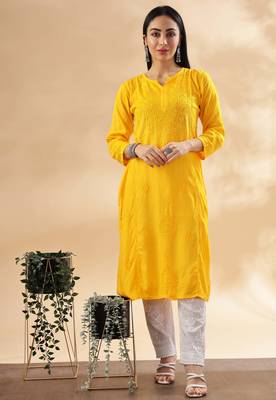 Paisley embroidered chikankari cotton straight kurta 1