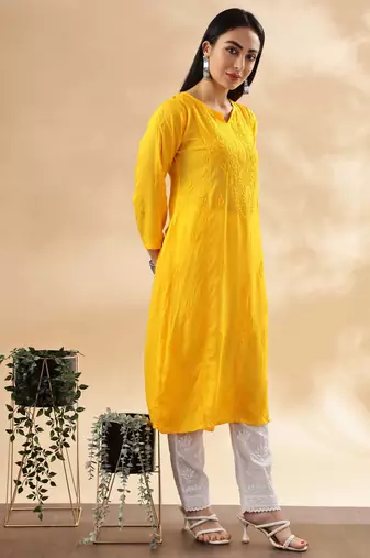 Paisley embroidered chikankari cotton straight kurta