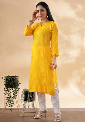 Paisley embroidered chikankari cotton straight kurta 4