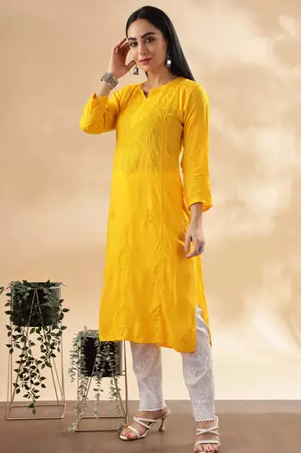 Paisley embroidered chikankari cotton straight kurta