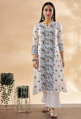 Women paisley embroidered chikankari cotton straight ready to wear kurta 1