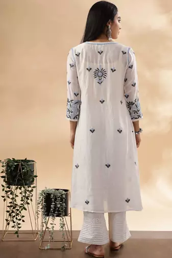 Women paisley embroidered chikankari cotton straight ready to wear kurta