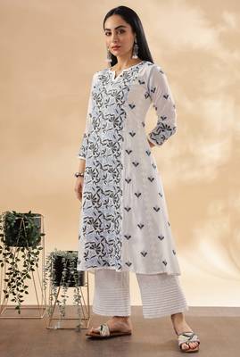Women paisley embroidered chikankari cotton straight ready to wear kurta 3