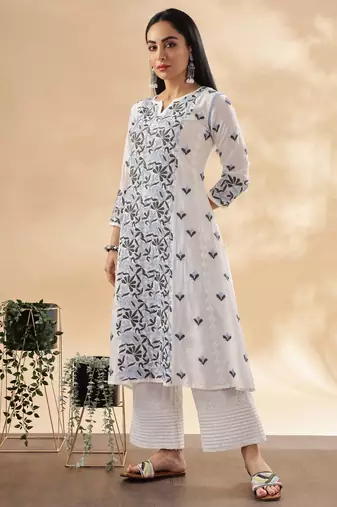 Women paisley embroidered chikankari cotton straight ready to wear kurta