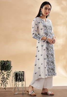 Women paisley embroidered chikankari cotton straight ready to wear kurta 4