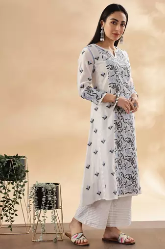 Women paisley embroidered chikankari cotton straight ready to wear kurta