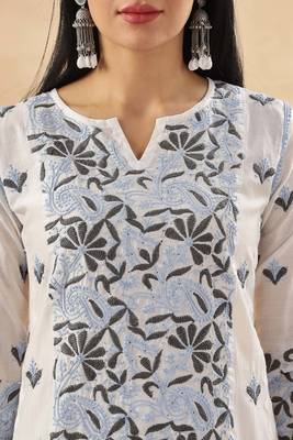 Women paisley embroidered chikankari cotton straight ready to wear kurta 5