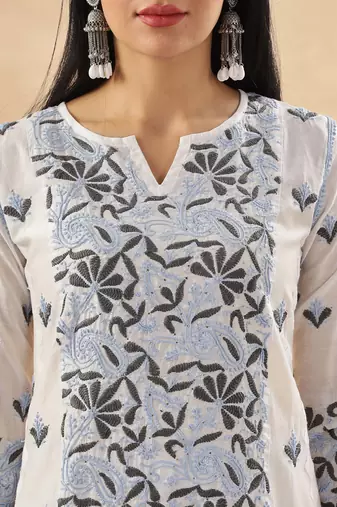 Women paisley embroidered chikankari cotton straight ready to wear kurta