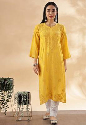 Women   s Mustard Yellow Chikankari Embroidered Kurta | Traditional Ethnic Outfit 1