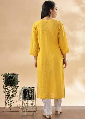 Women   s Mustard Yellow Chikankari Embroidered Kurta | Traditional Ethnic Outfit 2