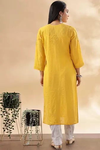 Women’s Mustard Yellow Chikankari Embroidered Kurta | Traditional Ethnic Outfit