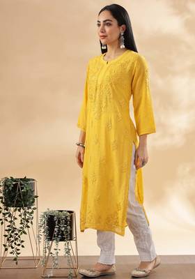 Women   s Mustard Yellow Chikankari Embroidered Kurta | Traditional Ethnic Outfit 3