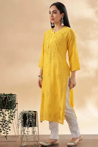 Women’s Mustard Yellow Chikankari Embroidered Kurta | Traditional Ethnic Outfit